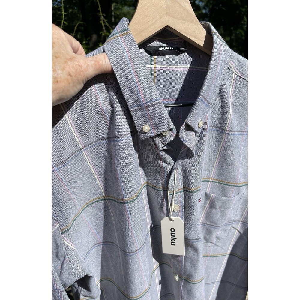 Ouku Oxford Button-Down Shirt LS Gray Plaid Pocket Embroidered Logo Mens XL NWT